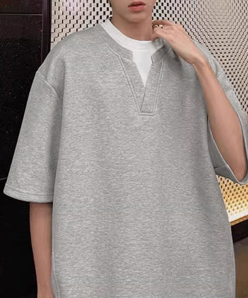 半袖Tシャツ メンズ 重ね着風カットソー スキッパーTシャツ クルーネック夏服 カジュアル 無地tシャツ 夏t レイヤード風プルオーバー おしゃれサマーtシャツ黒 87MP-005